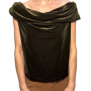 Vintage Drape Neck Off the Shoulder Green Velvet Evening Wear Glam Top Women 16